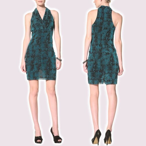 ANDREW MARC Sleeveless Empire Waist Dress Sz 4 Teal Black - Picture 1 of 9